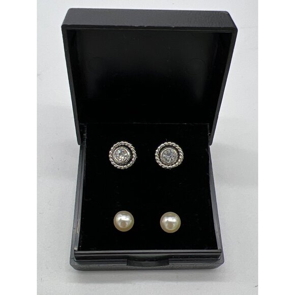 Elegant Two Pair Crystal & Pearl Stud Earrings In Gift Box - Picture 1 of 4